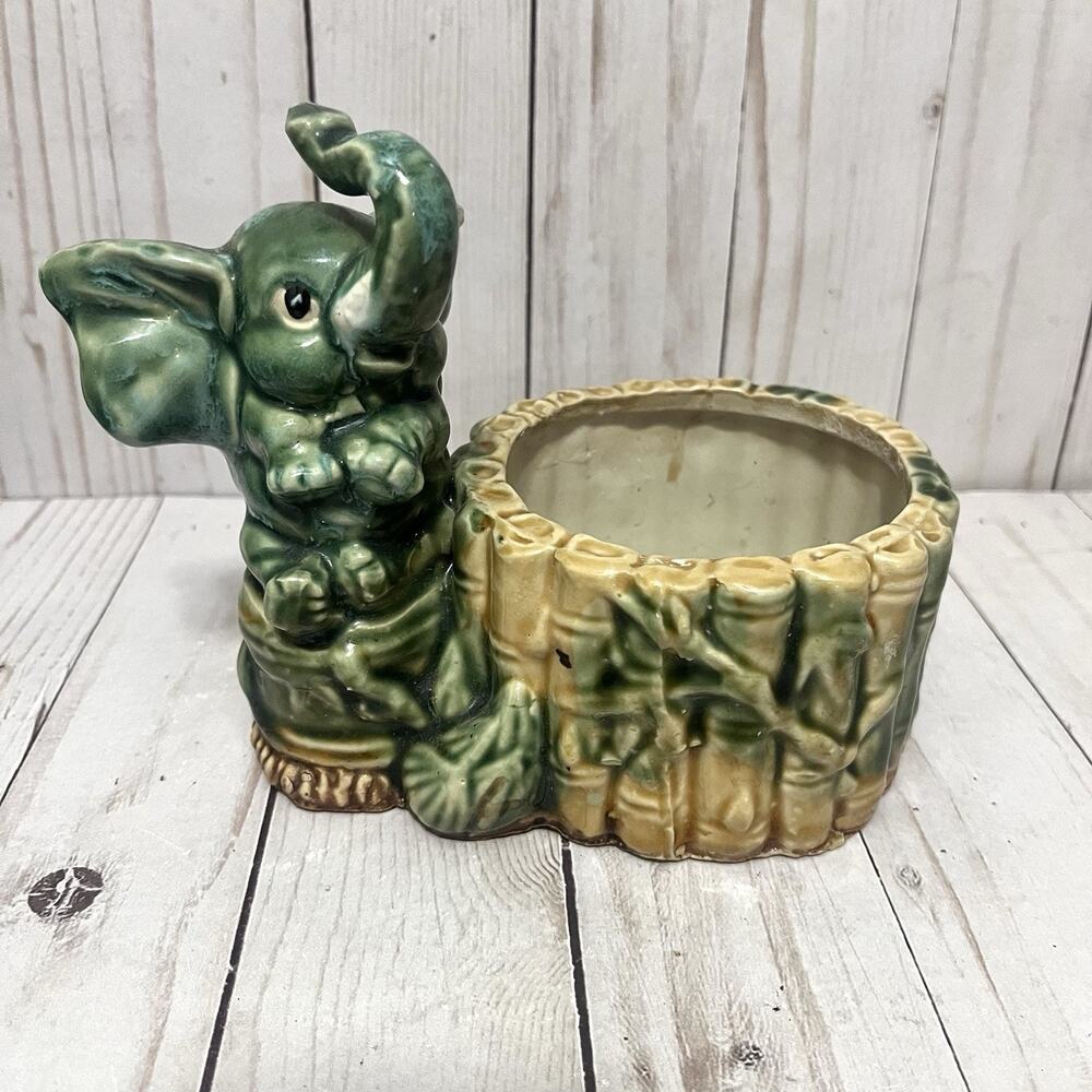 Vintage Ceramic Elephant Planter Green Glaze Bamboo Jungle MCM Kitsch 6”